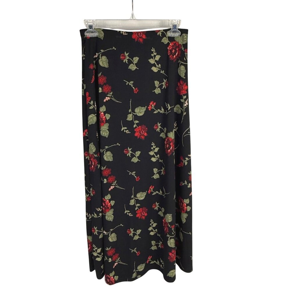 Vintage 90's Long Black Floral Skirt Elastic Waist Size M